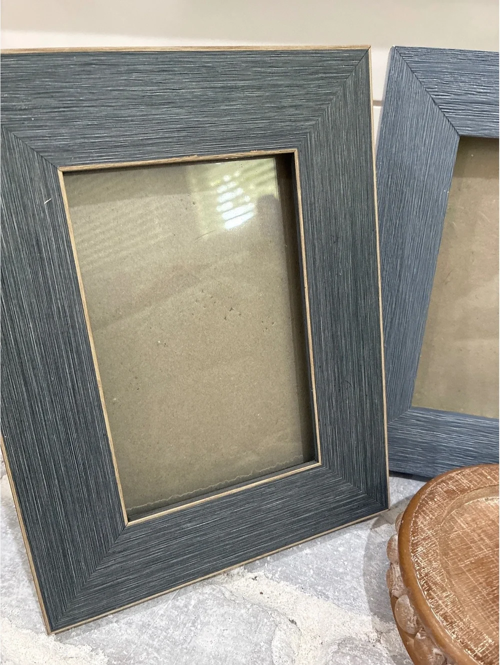 Set of 3 Blue Wood Picture Frames with Decorative Wooden Stand